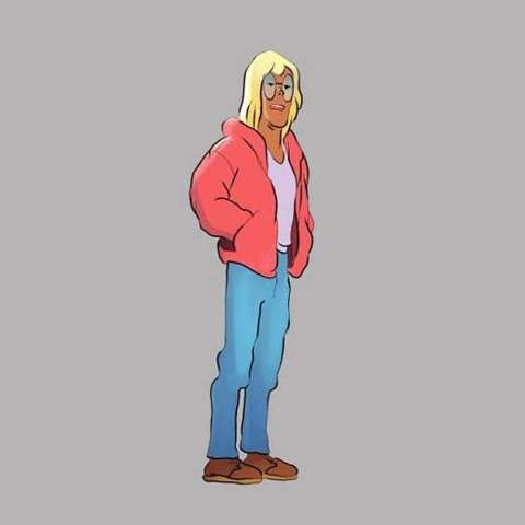 Blonde, red hoodie